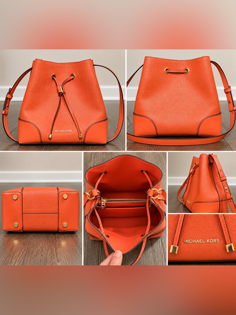 Michael Kors Orange Pebbled Leather Drawstring Shoulder Bucket Bag